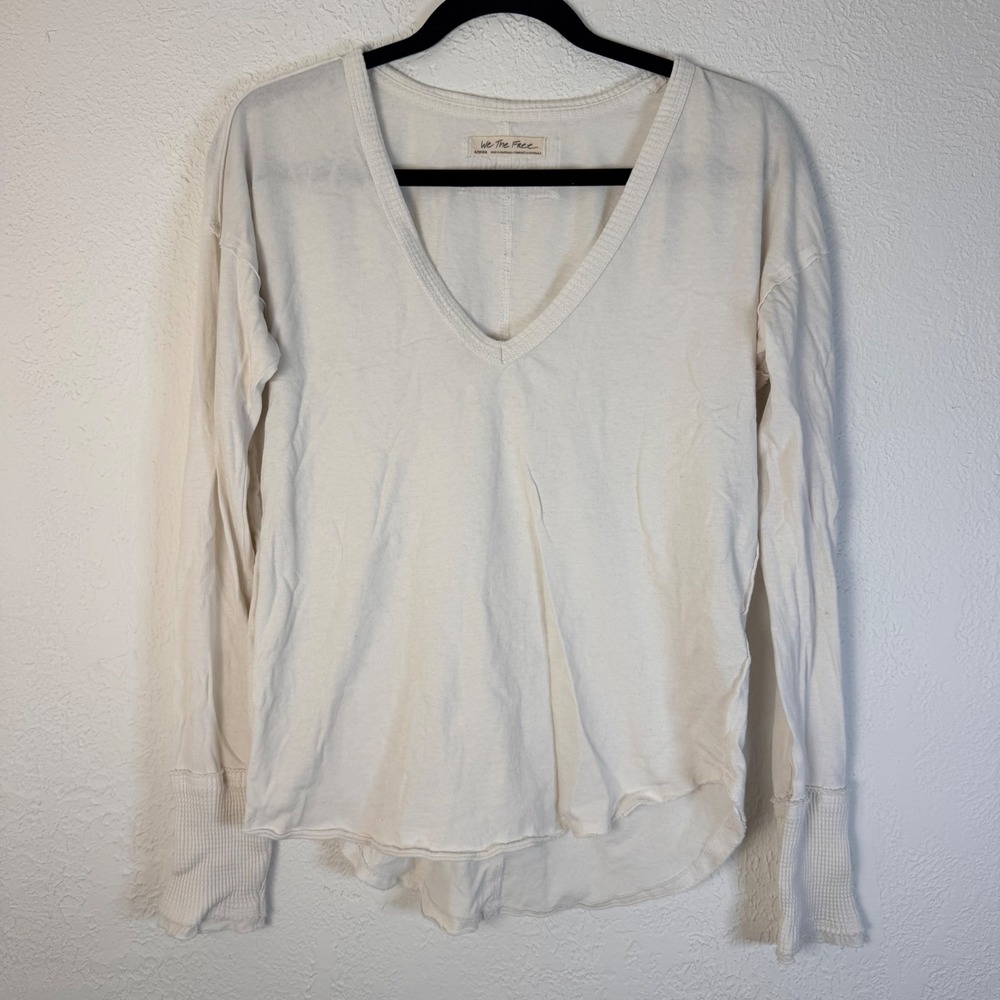 We The Free Womens M Cream V-Neck Long Sleeve Thermal Cuff Top Boho Cotton